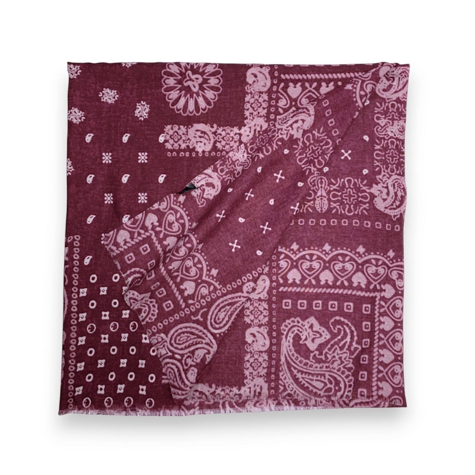 Eclectic burgundy wool blend scarf featuring a cream oversized bandana paisley print in a soft lightweight fabric.