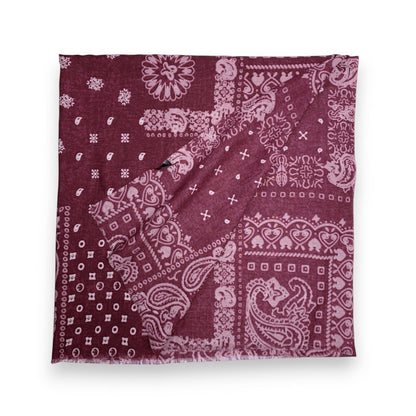 Eclectic burgundy wool blend scarf featuring a cream oversized bandana paisley print in a soft lightweight fabric.