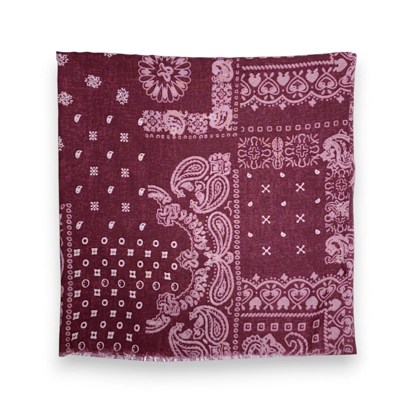 Eclectic burgundy wool blend scarf with a cream oversized bandana paisley print and frayed edges