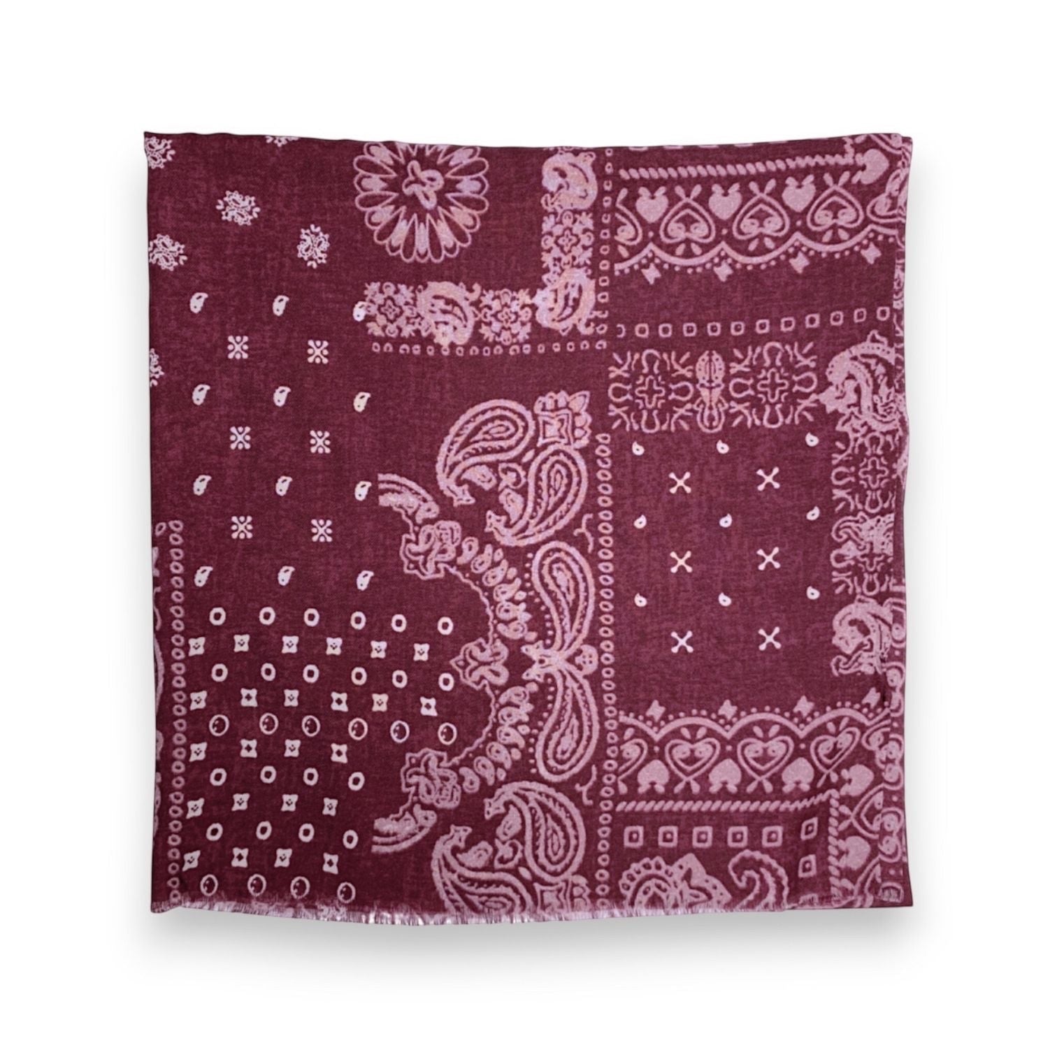 Eclectic burgundy wool blend scarf with a cream oversized bandana paisley print and frayed edges