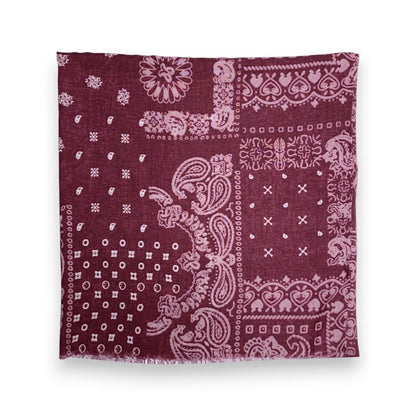 Eclectic burgundy wool blend scarf with a cream oversized bandana paisley print and frayed edges