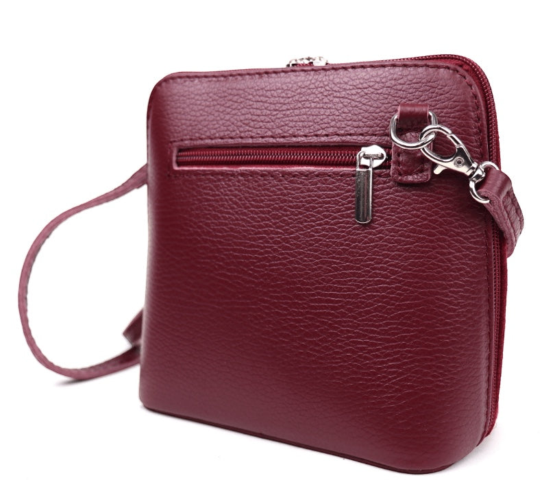 Eclectic Mini Milano burgundy leather crossbody bag with silver hardware and back zip pocket