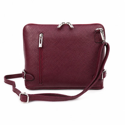 Eclectic burgundy grained leather crossbody bag with silver hardware, side buckles, and rear zip pocket.