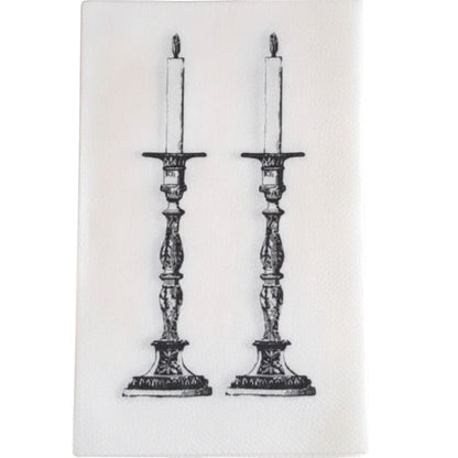 Eclectic slimline disposable napkins featuring a black ornate candlestick illustration on a white paper background.