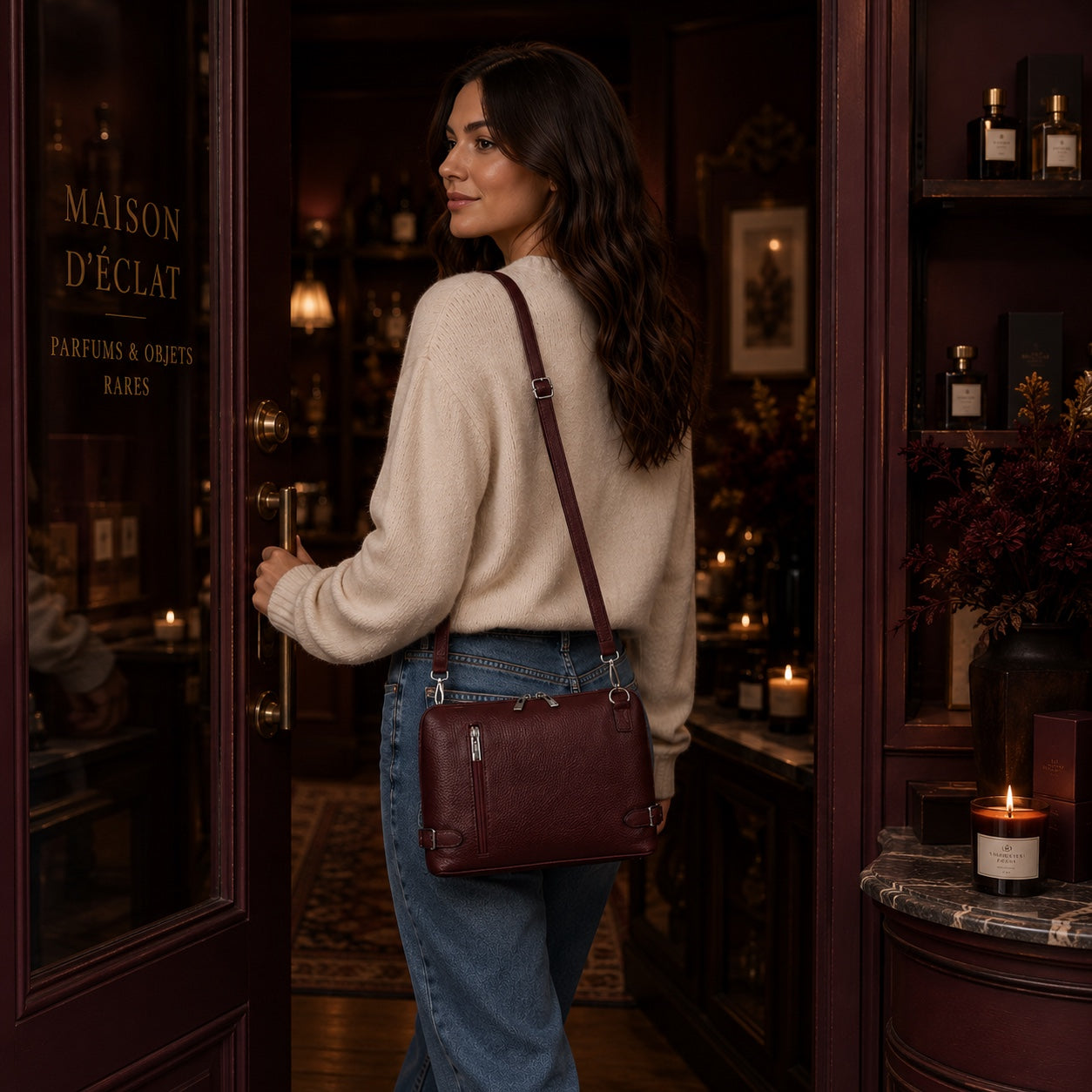 Eclectic Capri burgundy grained leather crossbody bag with silver hardware worn by a woman entering a boutique.