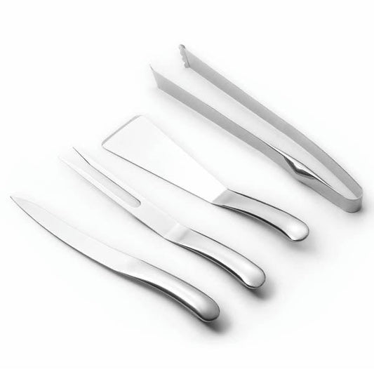 Eclectic Capri stainless steel braai tool set including a knife, fork, spatula, and tongs for outdoor grilling.