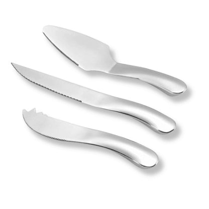 Eclectic Capri 3-piece stainless steel cake knife and server set in polished silver with ergonomic curved handles.