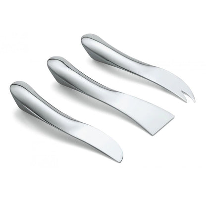 Eclectic Capri 3-piece polished stainless steel cheese knife set with ergonomic silver design