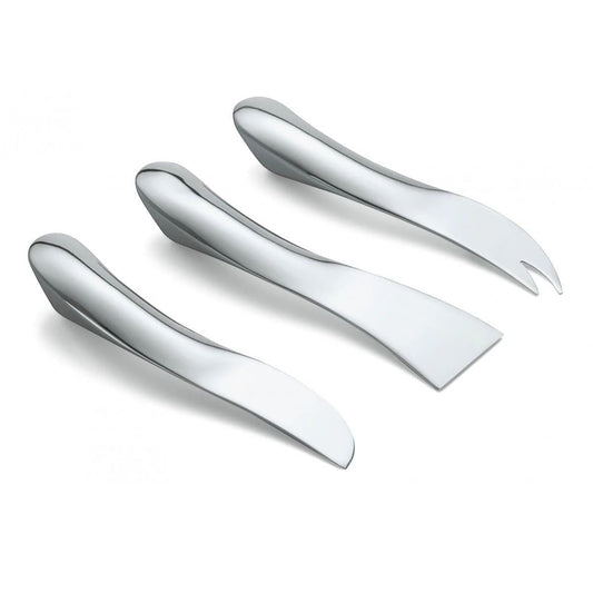 Eclectic Capri 3-piece polished stainless steel cheese knife set with ergonomic silver design