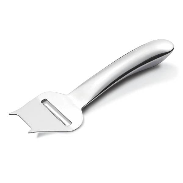 Eclectic Capri stainless steel cheese slicer with a minimalist, ergonomic design and polished silver finish.