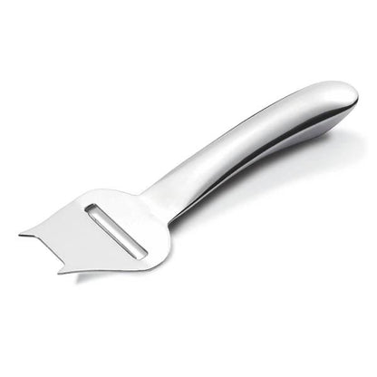 Eclectic Capri stainless steel cheese slicer with a minimalist, ergonomic design and polished silver finish.
