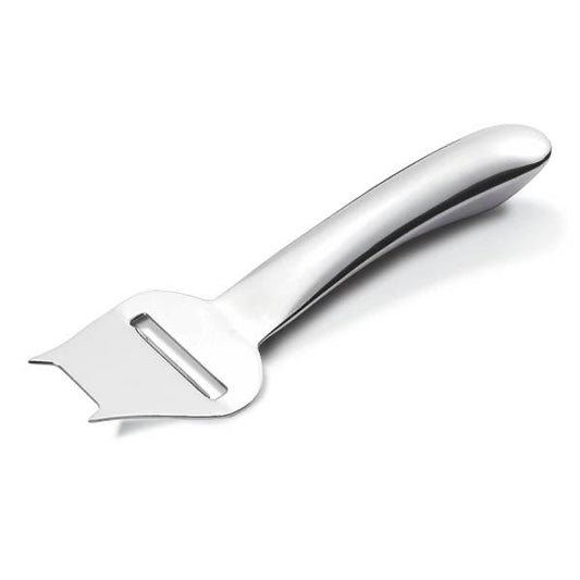 Eclectic Capri stainless steel cheese slicer with a minimalist, ergonomic design and polished silver finish.