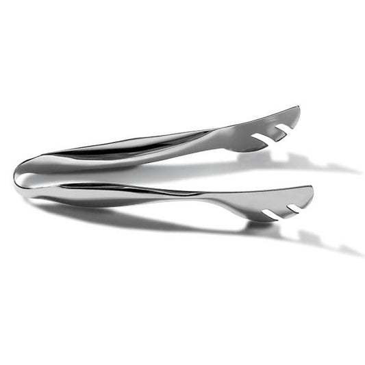 Eclectic Capri small stainless steel food tongs with elegant curved design for serving salads and pastries.