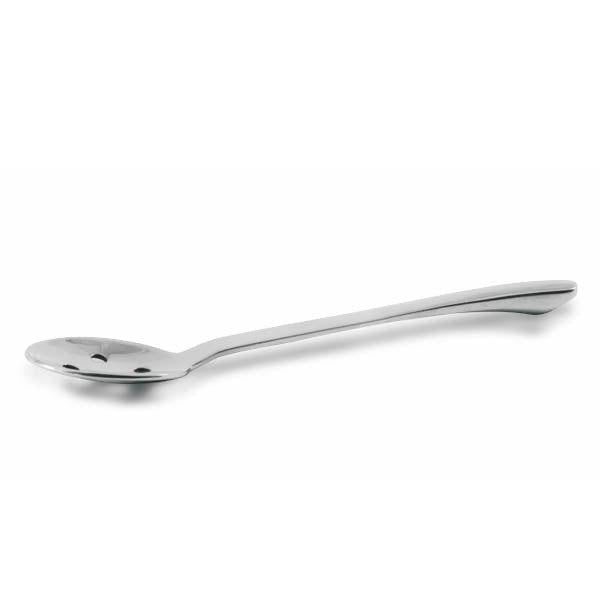 Eclectic Capri stainless steel olive spoon with a perforated bowl for draining brine, shown from a side angle.