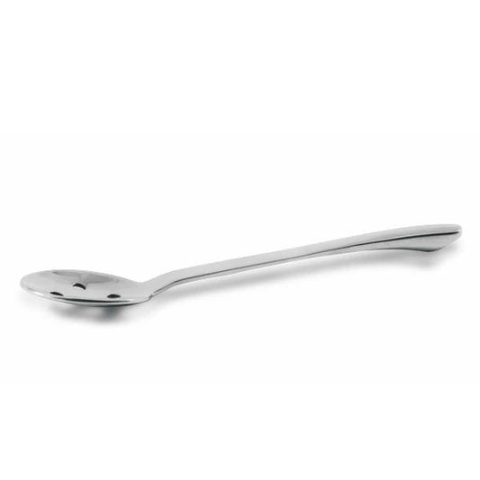 Eclectic Capri stainless steel olive spoon with a perforated bowl for draining brine, shown from a side angle.