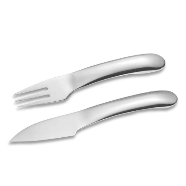 Eclectic Capri stainless steel serving knife and fork set with ergonomic curved handles for elegant table service.