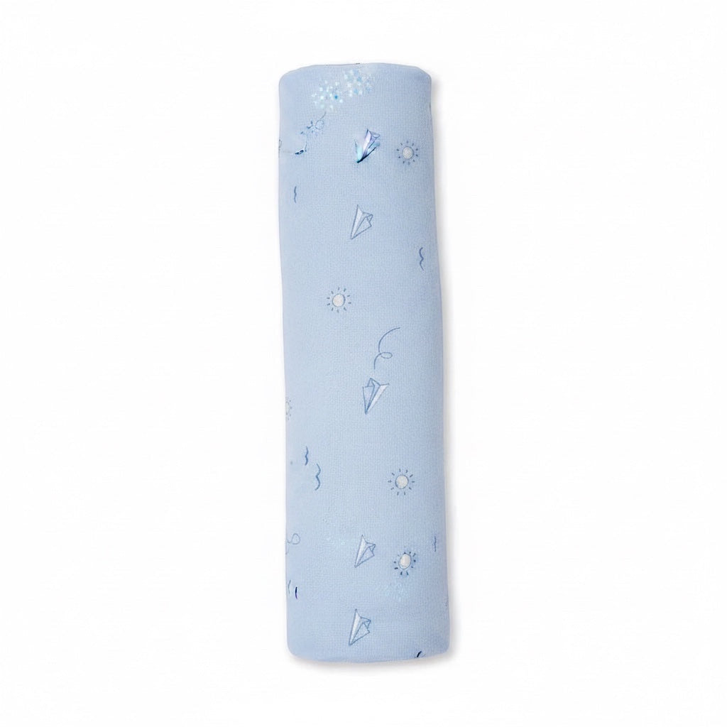 Eclectic Carter’s cotton muslin swaddle in soft blue with a dreamy flight paper plane print for newborns.