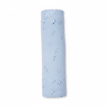 Eclectic Carter’s cotton muslin swaddle in soft blue with a dreamy flight paper plane print for newborns.