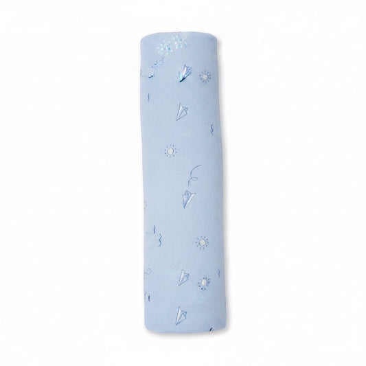 Eclectic Carter’s cotton muslin swaddle in soft blue with a dreamy flight paper plane print for newborns.