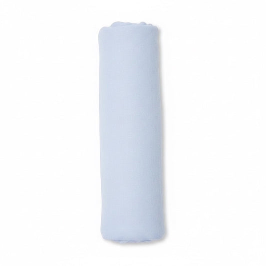 Eclectic Carter’s Cloudy Breeze blue cotton muslin swaddle blanket rolled up on a white background