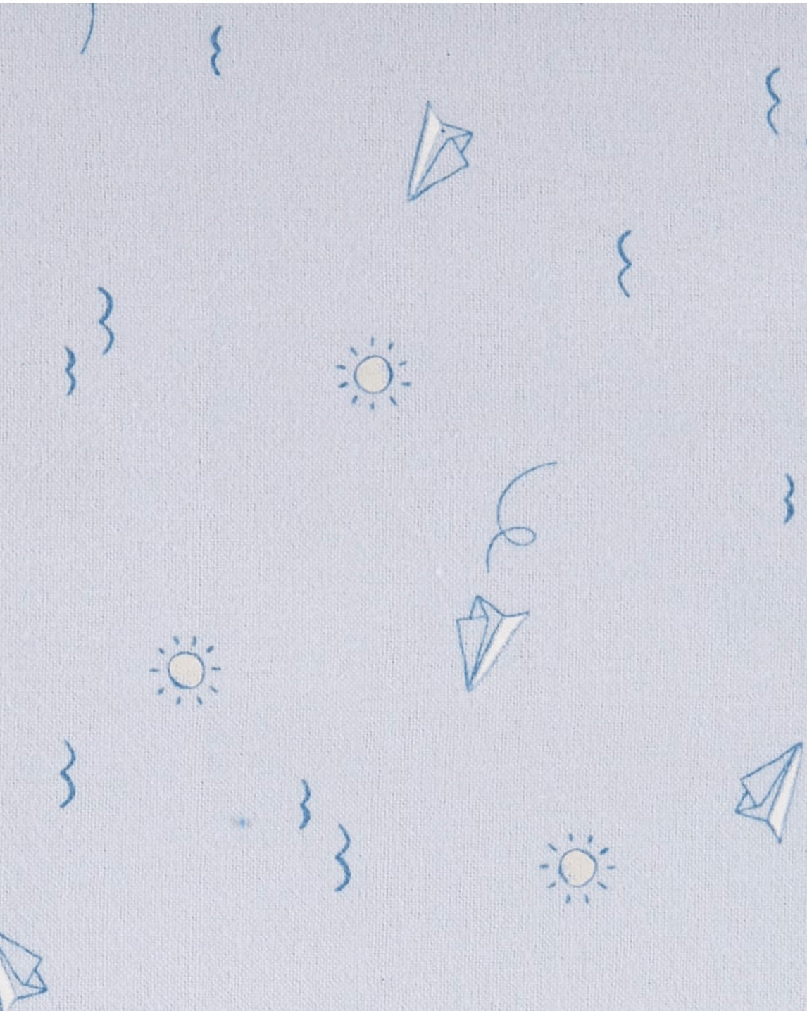 Eclectic Carter’s cotton muslin swaddle in soft blue with a dreamy flight paper plane and sun print pattern
