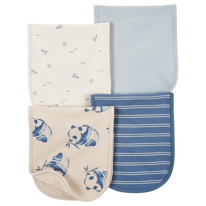 Eclectic Carter’s set of four soft cotton burp cloths in ivory and blue with paper plane, panda, and stripe prints.