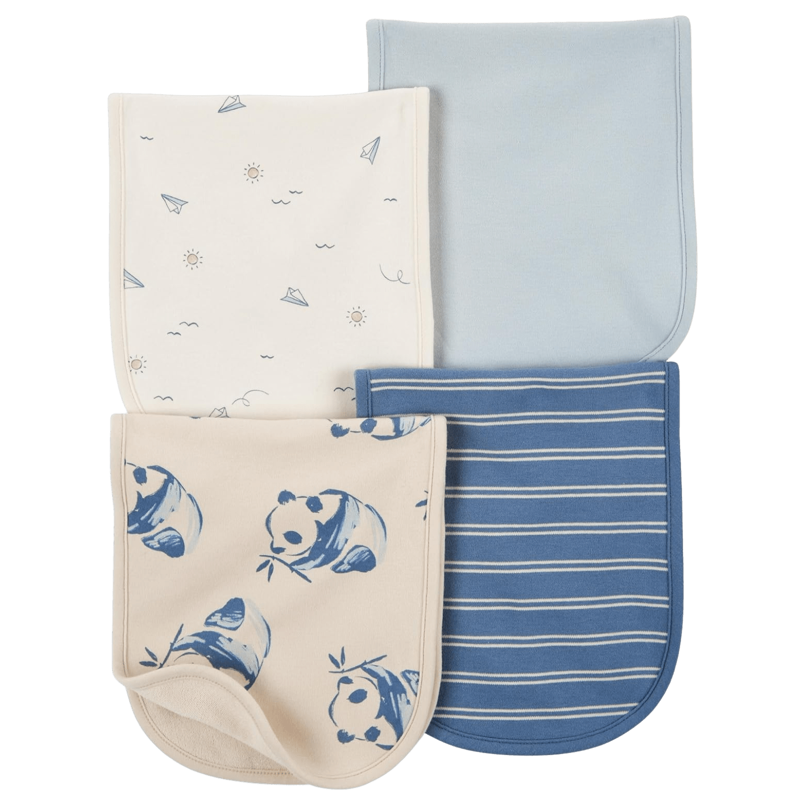 Eclectic Carter’s set of four soft cotton burp cloths in sky blue, panda print, and striped patterns.