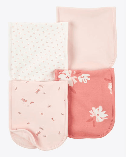 Eclectic Carter’s set of four soft cotton burp cloths in coral and ivory with floral and dragonfly prints.