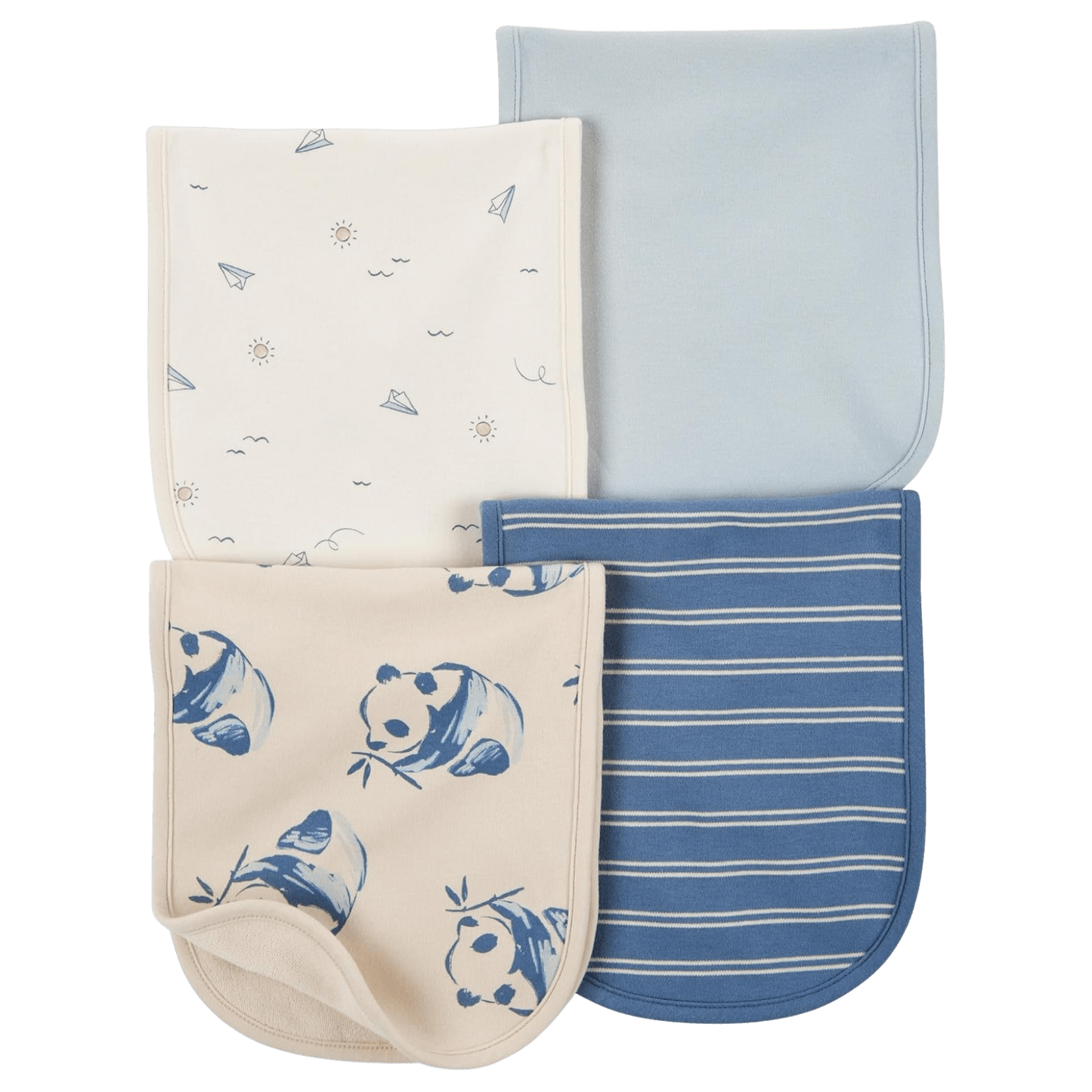 Eclectic Carter’s set of four soft cotton burp cloths featuring blue and ivory panda, stripe, and paper plane prints.