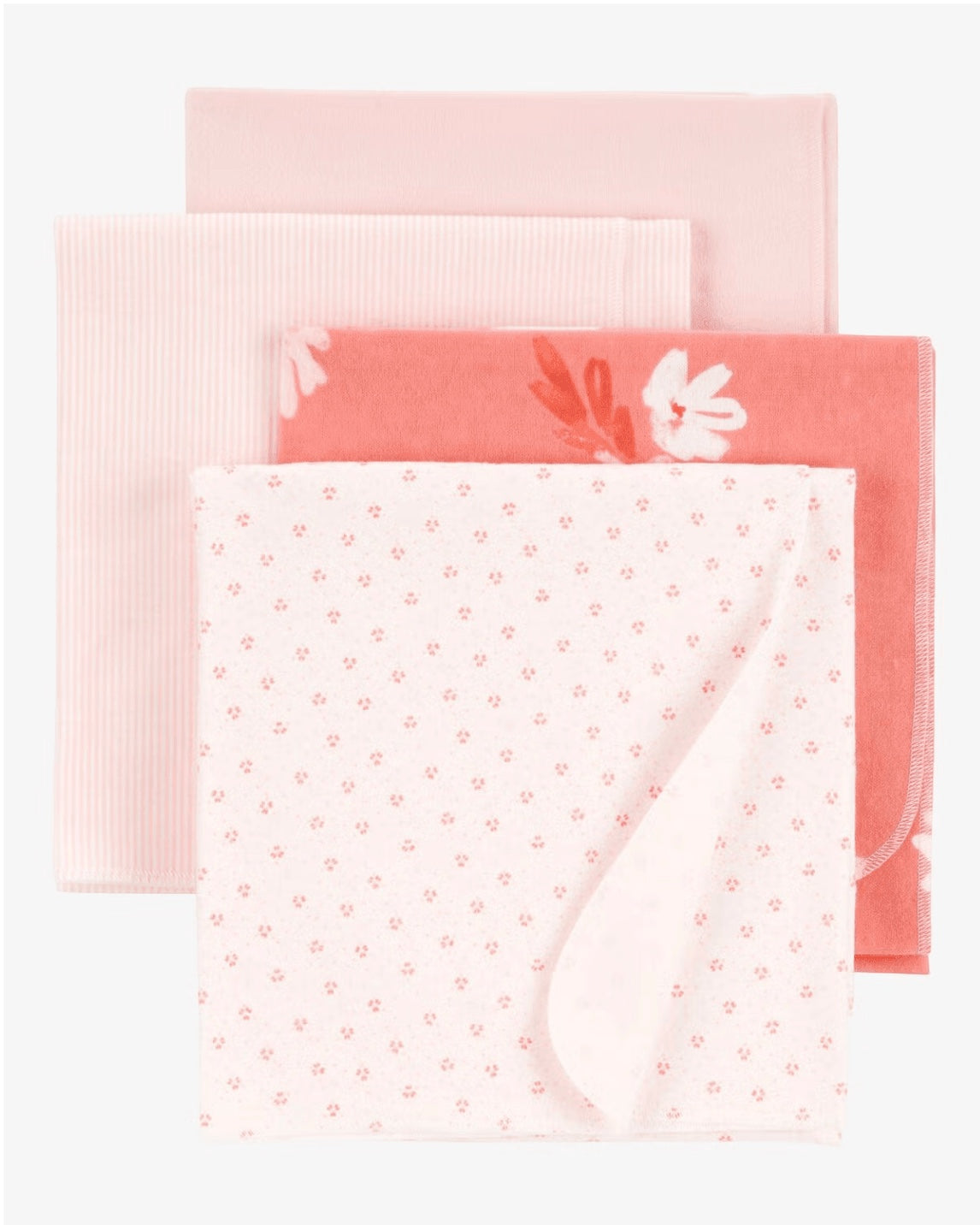 Eclectic Carter’s set of four soft pink and white cotton muslin baby swaddle blankets with floral and dot patterns.