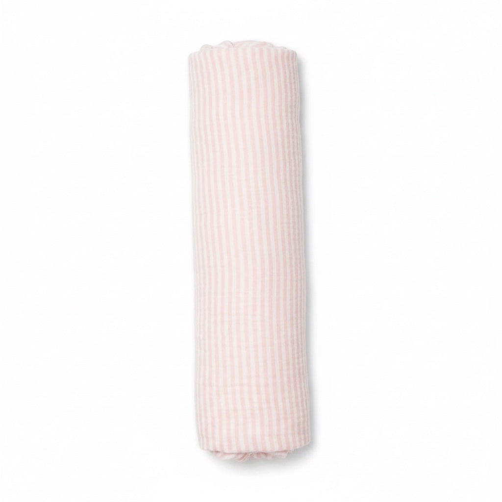Eclectic Carter’s pink and white striped cotton muslin swaddle blanket rolled up on a white background.