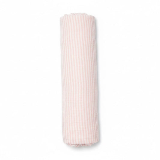 Eclectic Carter’s pink and white striped cotton muslin swaddle blanket rolled up on a white background.