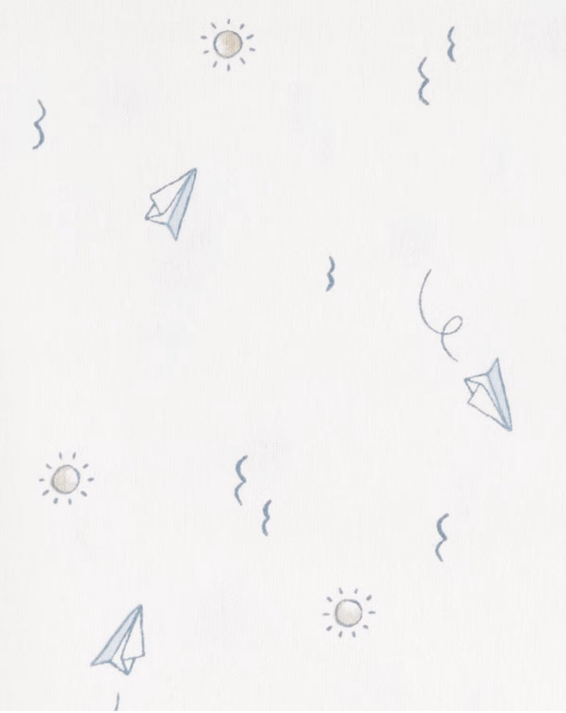 Eclectic Carter’s cotton muslin swaddle featuring a blue and white sky adventure print with paper planes and clouds.