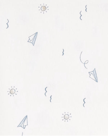 Eclectic Carter’s cotton muslin swaddle featuring a blue and white sky adventure print with paper planes and clouds.