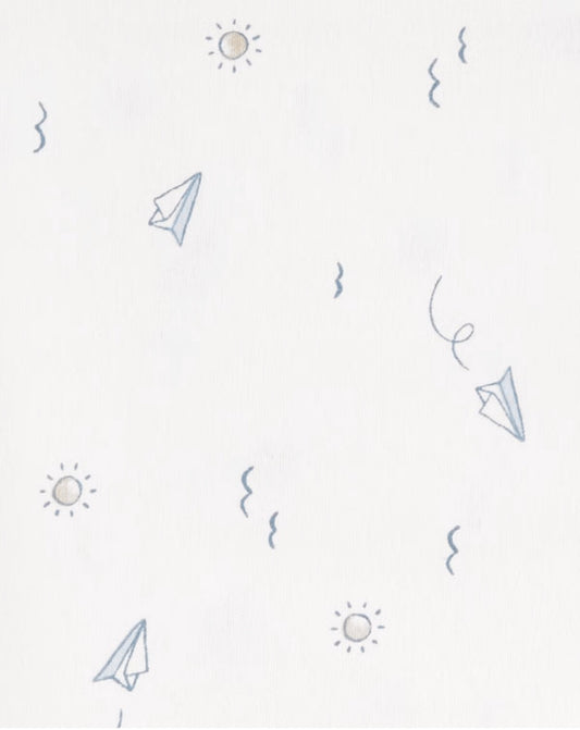 Eclectic Carter’s cotton muslin swaddle featuring a blue and white sky adventure print with paper planes and clouds.