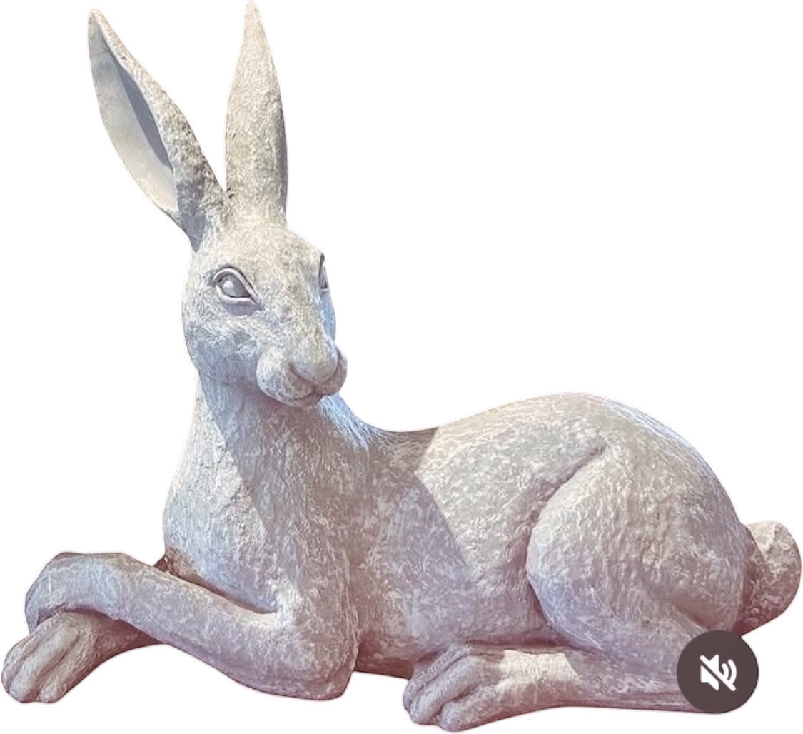 Eclectic Humphrey & Harriet cement hare garden sculpture in a weathered stone-effect grey finish for indoor or outdoor use.