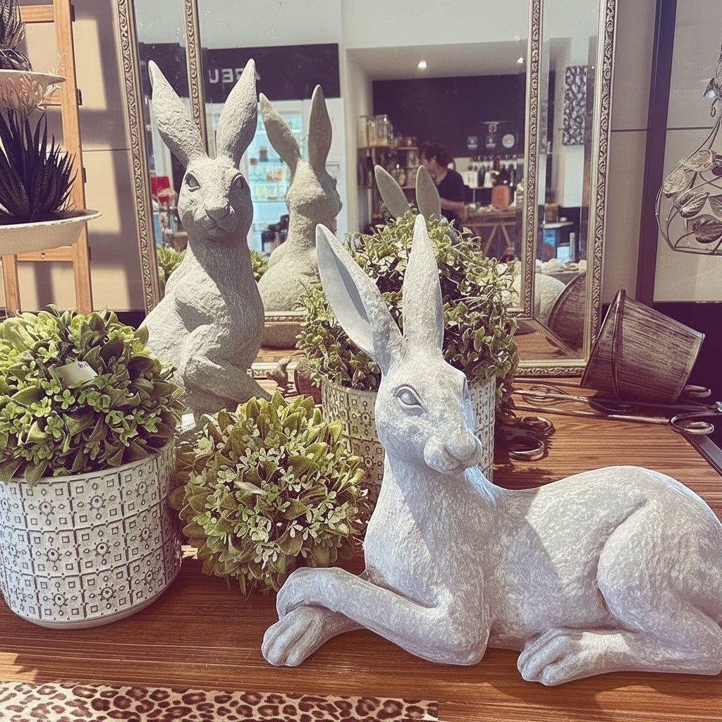Eclectic Humphrey & Harriet cement hare sculptures in weathered stone grey finish displayed on a wooden table.