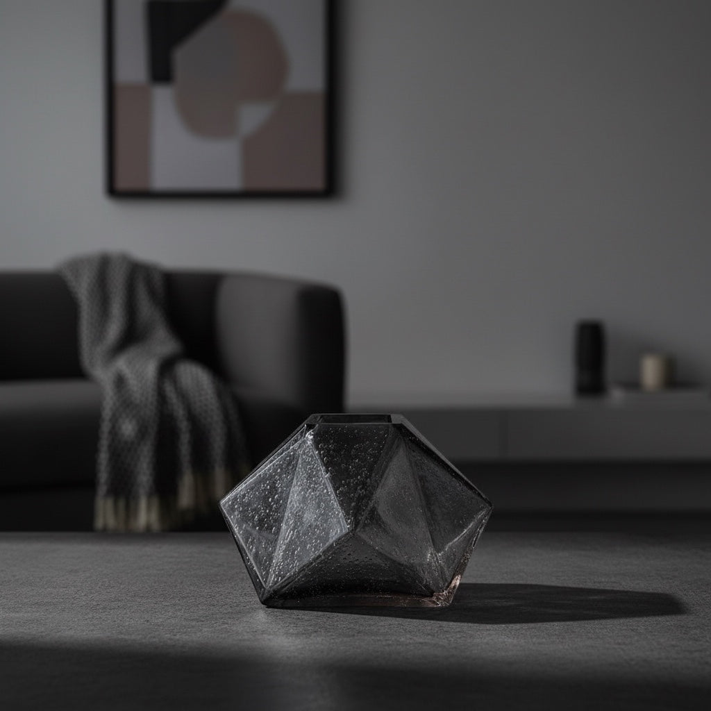 Eclectic charcoal diamond glass vase with a faceted geometric design on a dark surface in a modern living room.