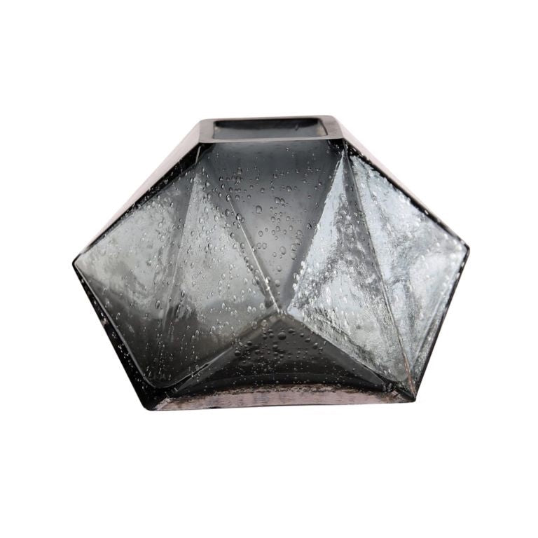 Eclectic charcoal diamond glass vase with a faceted geometric design and textured finish for modern home decor.