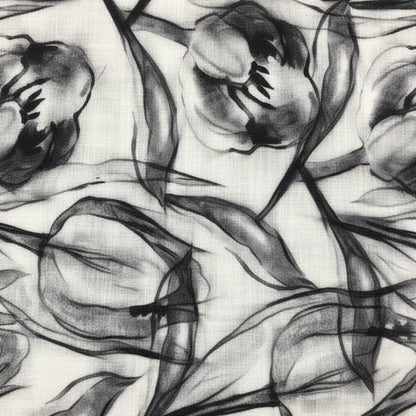 Eclectic charcoal tulip print tablecloth featuring ink-like floral patterns on durable polyslub fabric