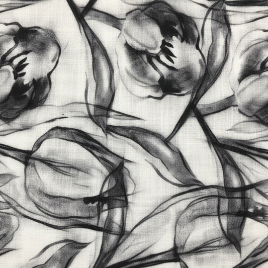 Eclectic charcoal tulip print tablecloth featuring ink-like floral patterns on durable polyslub fabric