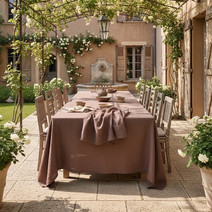 Eclectic Charvet Editions chocolate brown 100% linen tablecloth draped over a long outdoor dining table in a French garden.