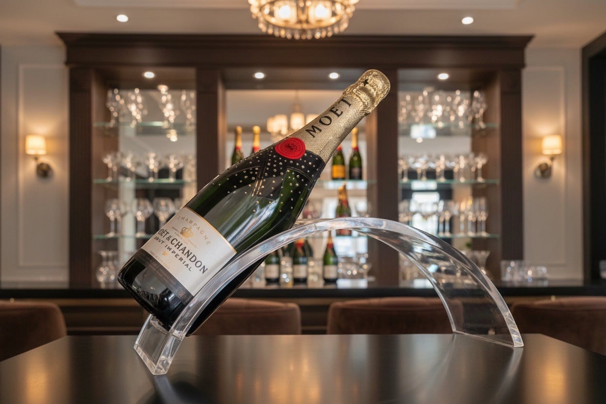 Eclectic clear acrylic curved wine holder displaying a bottle of champagne on a dark bar counter