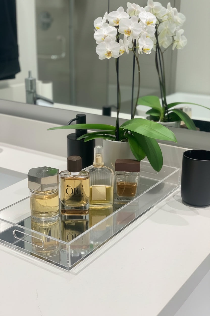 Eclectic clear acrylic mirrored display tray holding luxury perfume bottles on a bathroom vanity with an orchid plant.