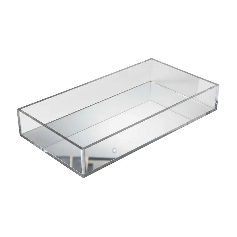 Eclectic clear acrylic rectangular display tray with a reflective mirrored base for home decor and luxury accessories.