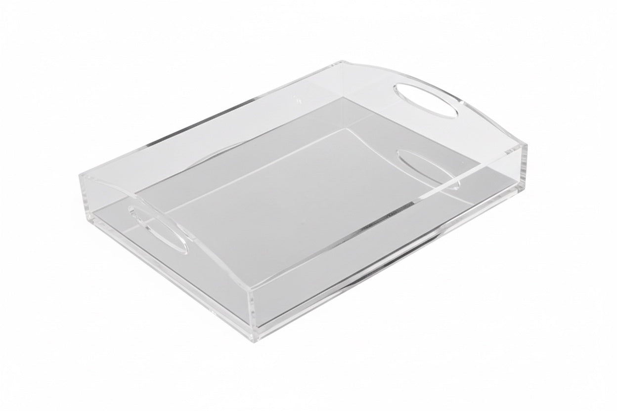 Eclectic clear acrylic gallery tray with a reflective mirrored base and integrated handles on a white background.