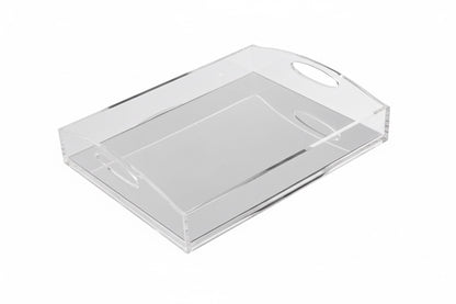 Eclectic clear acrylic gallery tray with a reflective mirrored base and integrated handles on a white background.