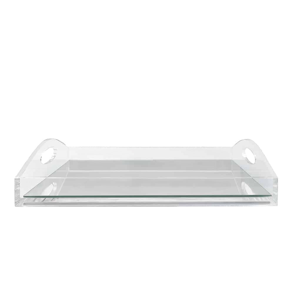Eclectic clear acrylic gallery tray with a reflective mirrored base and integrated side handles for coffee table styling