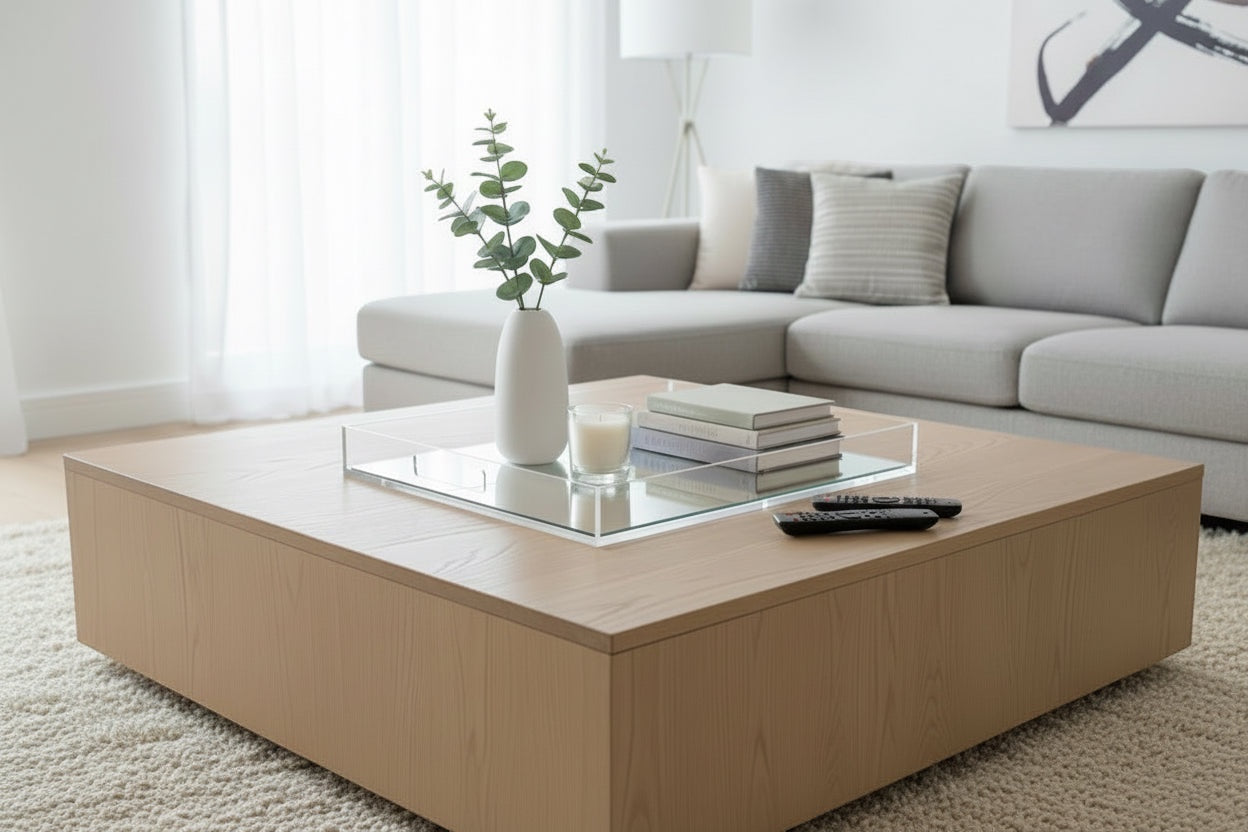 Eclectic clear acrylic mirrored tray styled on a wooden coffee table with a vase, candle, and books in a living room