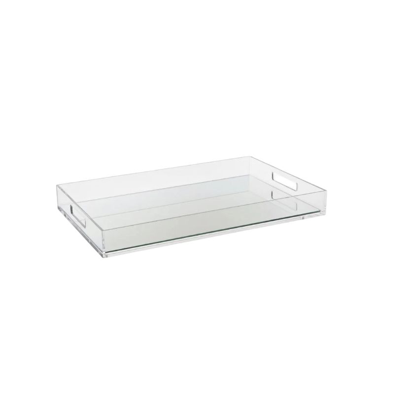 Eclectic clear acrylic mirrored serving tray with integrated handles for modern home decor styling.